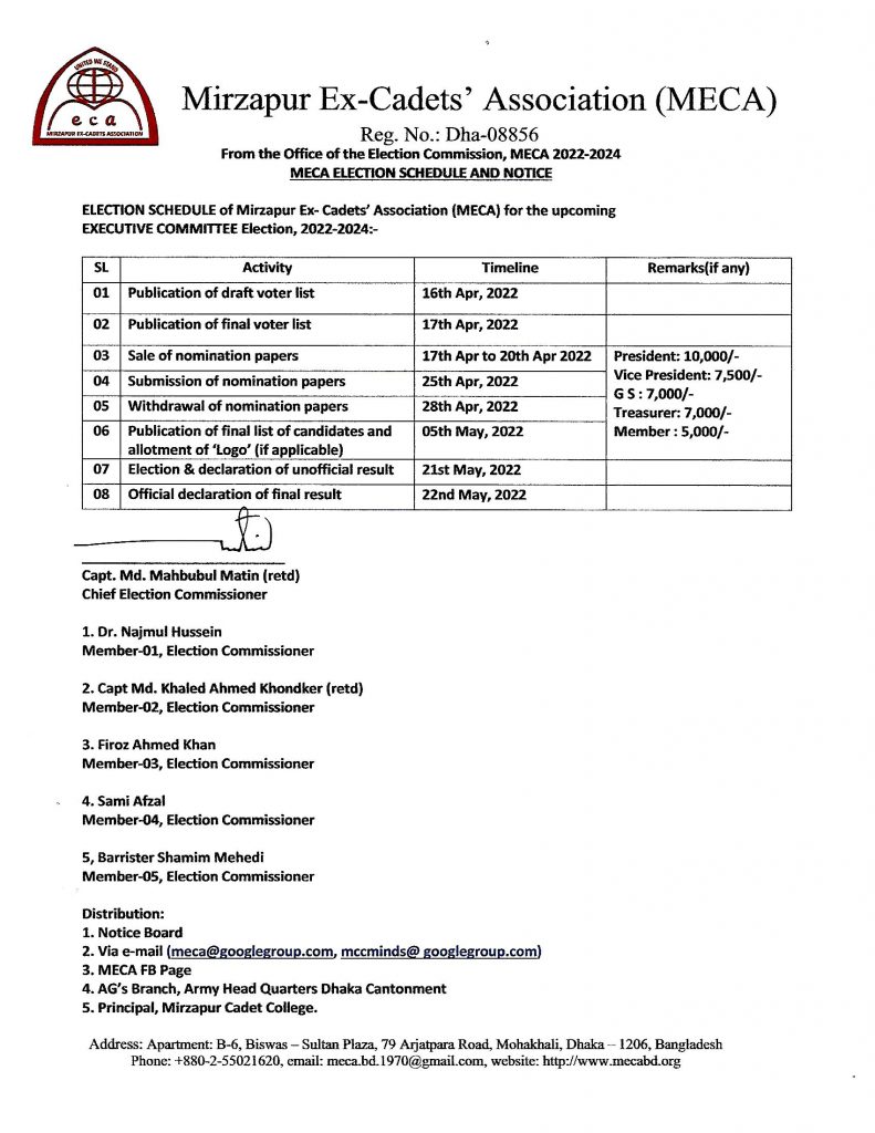 MECA EC Election 2022-24 - Declaration of Election Schedule by Election Commission