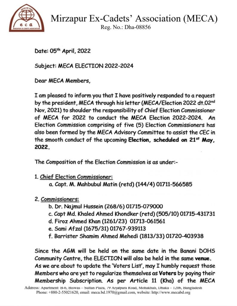 MECA EC Election 2022-24 - letter from Hon'ble Chief Election Commissioner